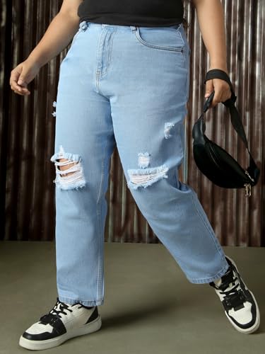 Image of High Star Plus Size Women Cotton Washed Mom Fit High-Rise Jeans