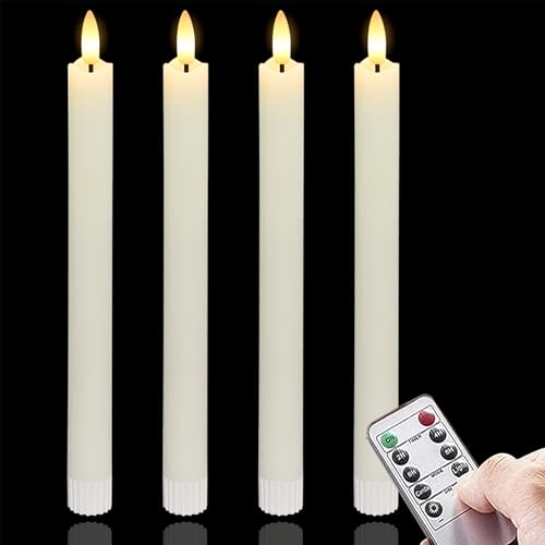 Vtobay Velas LED de Cera Real sin Llama 2cm x25cm con Mando a Distancia y Función Temporizador, Funciona con Pilas Parpadeo Marfil Pack de 4 Velas