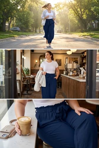 Image of OLRIK Women's Plus Size Pants Adjustable High Waisted Wide Leg Palazzo Pants Casual Trousers with Pockets Spring Clothes