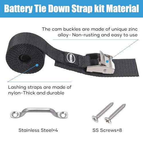 Image of EXVITAL Battery Tie Down Strap Hold Down Kit, 1 inch x 48 inch Cooler Tie Down Kit with Non-Rusting Cam Buckle, Stainless Steel Bracket & SS Screws for RV Battery,Luggage Belt (2 Pack)
