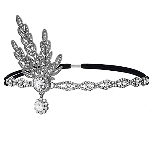 YEMYIQZ 1920s Flapper Headpiece Roaring 20s Feather Headband Great Chain Hair Accessories Vintage Wedding Leaf Pearl (Black)