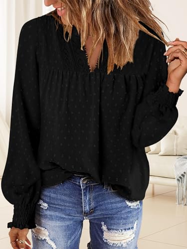 BETTE BOUTIK Women Boho Long Sleeve Shirts Dressy Casual V Neck Fall Fashion Tops Swiss Dot Flowy Blouses