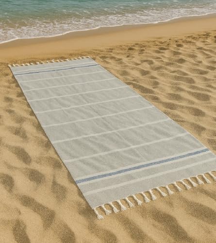 Vico Casa® Serviette de Plage Riviera 90x170cm, Serviette de Plage en Coton à Rayures/Fouta de Plage, Piscine, Sauna/Gris et Bleu