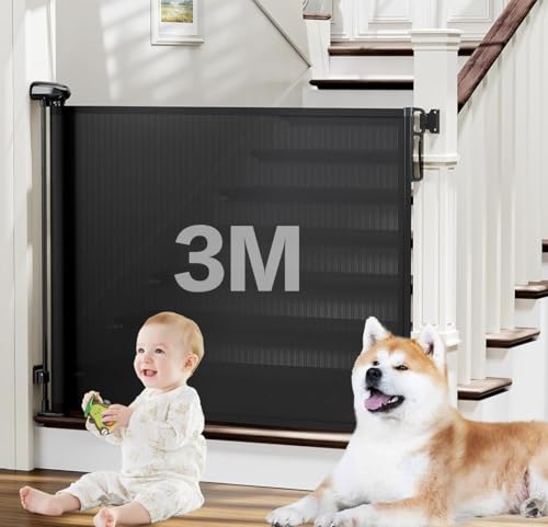 3m Portão Grade Retrátil de Proteção para Bebês e Cachorros, Portaozinho de Escada Instalação Sem Furos, Trava Dupla,Operação com uma mão,Portao Segurança Bebê Pet, Cercado para Cachorros（preto）
