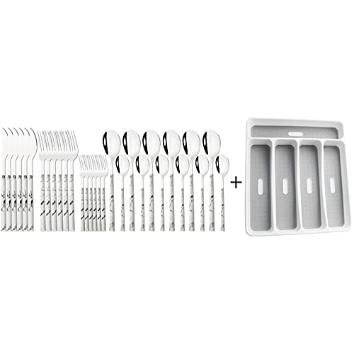 30-Piece White Handle Mirror Wood Pattern Silverware Set for 6, JANKNG 18/8 Stainless Steel Flatware Set with Anti-Slip 5 Compartment Tray, Cutlery Sets Knife Fork Spoon for Party Kitchen