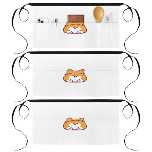 Tablier court 3 poches au motif Corgi avec sangle ajustable pour le service