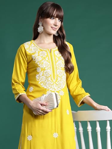 Image of INDO ERA Womens Straight Embroidered Chikankari Kurta