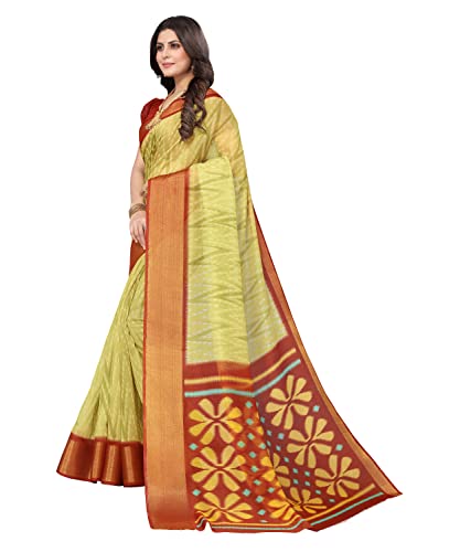 Image of Yashika Women's Printed Linen Jari Border Saree With Blouse Free Size (Dino Light Green)