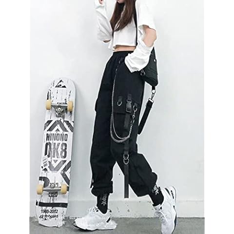 Women Cargo Pants Harem Pants Fashion Punk Pockets Jogger Trousers With Chain Harajuku Elastics High Waist Streetwear-black,M Cover