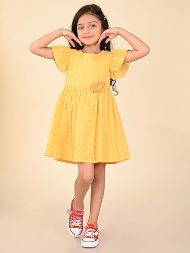 Image of LILPICKS Schiffli Embroidered Knee Length Fit n Flare DressFor Girls (Yellow)