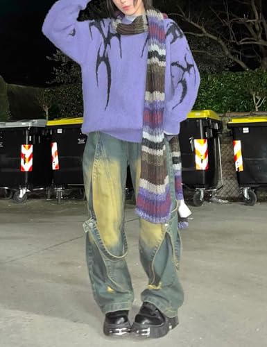 Yimoon Mens Oversized Sweaters Y2K Aesthetic Flame Graphic Crewneck Sweatershirts Knitted Casual Pullover Jumpers (Purple-L)2