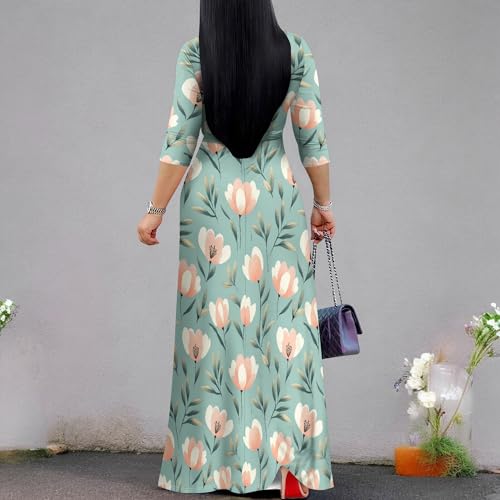 Image of PinkPatty Plus Size Maxi Dress for Women Casual V Neck 3 /4 Sleeve Boho Printed Long Dress with Pockets