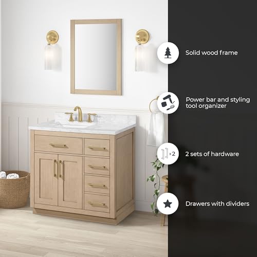 Image of OVE Decors Athea 36 in. Single Sink Freestanding Sahara Birch Bathroom Vanity with White Engineered Marble Top, Matching Backsplash, Power Bar and Brushed Gold Hardware
