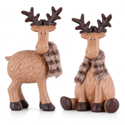 Rustic Christmas Reindeer Figurines Set of 2, Resin Deer Tabletop Decor | Wood-look reindeer pair, sitting and standing, for Christmas table decorations, mantel decor and shelf displays