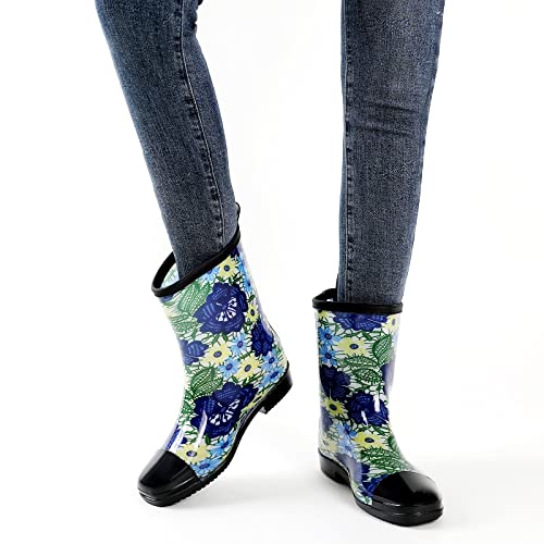 Ckwlxqy Rain Boots For Women Waterproof Garden Boots Ladies Mid Calf Rubber Rain Shoes Colorful Floral Printed Short Rainboots Wide Calf Work Boots For Outdoor Gardening Fishing Farming #TOP5