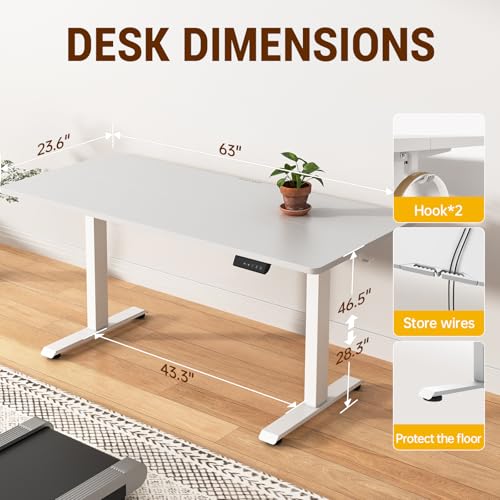 Image of Veken 63x23.6 Inch Large Electric Standing Desk, Heights Adjustable,Sit to Stand Up, Work Home Office Computer Table for Walking Pad, Wooden Desktop Desks, White