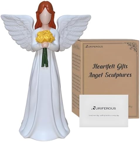 Hand-Painted Guardian Angel Statue Figurine - Retirement Gifts for Women, Coworker - Resin Angel Statue Holding Flowers for Thanksgiving Christmas Home Decor Ornament Memorial Gifts (Yellow Flower)