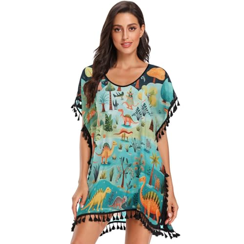 Turquoise Dinosaurs Cartoon Tree Women's Beach Cover Up Chiffon Tassel Swimwear Swimsuit Coverups for Girl