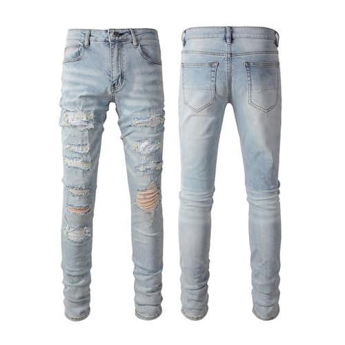 Jeans Pants Trouser Denim Ripped Distressed Hole Stretch Slim Fit Light Blue Retro Zircon Trendy Street Casual Straight Small Leg for Men(Light Blue,29)4