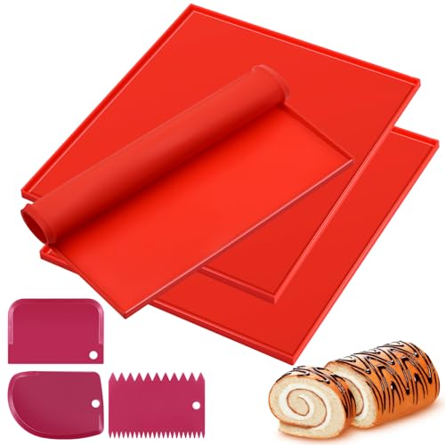 Tappetino da forno in silicone, 3 pezzi, in silicone, con bordo, con tre raschietti, antiaderente, antiscivolo, adatto per cucinare, cuocere, biscotti