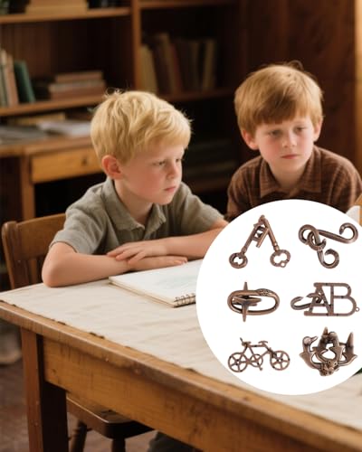 Image of 6 PCS Metal Puzzles for Adults, Ancient Bronze Desktop Puzzle Set, Brain Teaser Toy for Kids & Adults, Educational Cognitive Development Game for Travel & Home Use