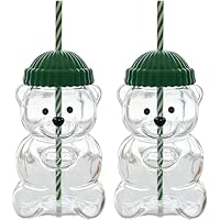 2025 New Bear Straw Cup, Cute Mugs, Cute Bear Glass Cup With Straw 20OZ, Coffee Beer Wine Cocktail Drinks Glassware (2PCS)