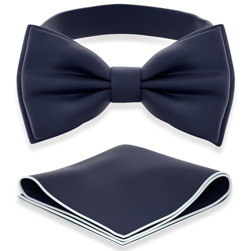 Adam Young Mens Navy Blue Bow Tie with Handkerchief Set Pre-Tied Style Formal Satin Classic Bowtie for Tuxedo Faux Silk (Large Navy Blue)