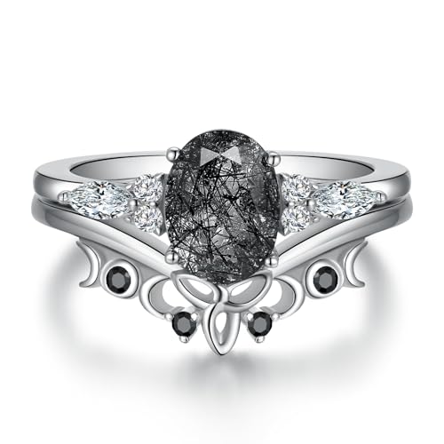 Oval Natural Black Rutilated Quartz Celtic Knot Bridal Wedding Ring Sets with Black Gold or Platinum Plated 925 Sterling Silver, Irish Gothic Engagement Rings and Spinel Trinity Annversary Band Size 4-9