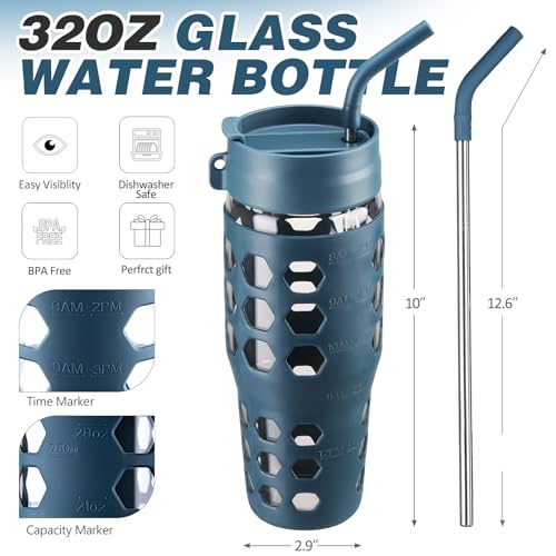 MUKOKO 32 oz Glass Tumbler with Straws & Time Marker