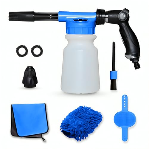 Foam Gun Car Washer with Cleaning Kit - 900ml Snow Foam Sprayer, Cannon, Bottle - Blue & White