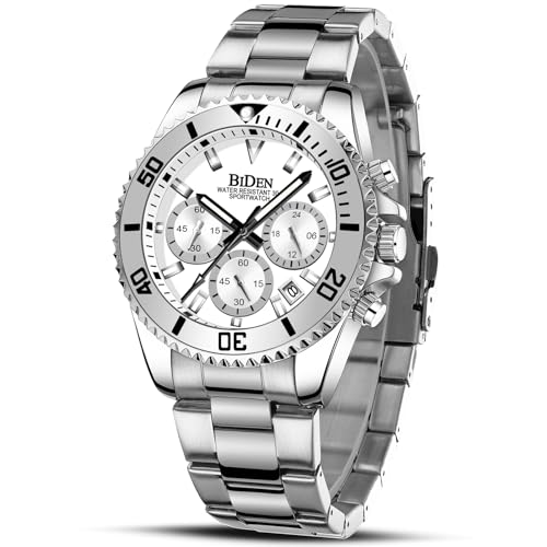Biden Biden-0163 - Reloj Analógico De Cuarzo Para Hombre Con Correa De Acero Inoxidable, Plata, Pulsera