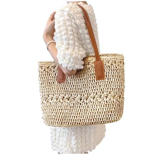 Bolso de paja para playa para mujer, bolso tote grande para vacaciones, bolso tejido con asa para hombro, color beige miniatura 1