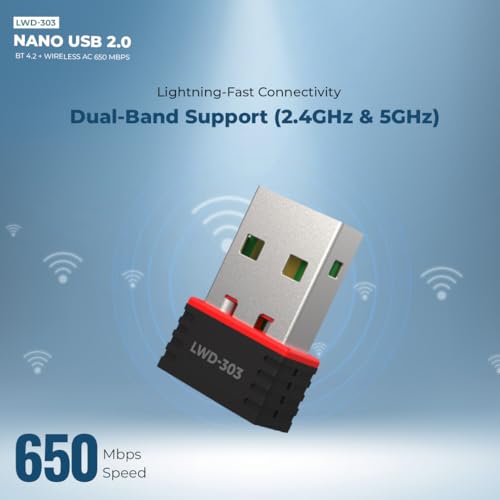 Image of LAPCARE Bluetooth 4.2+ Dual-Band Wi-Fi USB Adapter | 650Mbps Wireless Nano Dongle | MU-MIMO Technology | Plug & Play for Windows | 2.4GHz & 5GHz Support (LWD-303)