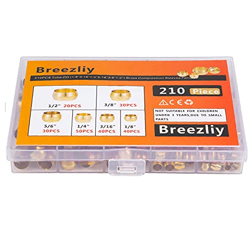 Breezliy 210Pcs Tube Od(1/8 Inch 3/16 Inch 1/4 Inch 5/16 Inch 3/8 Inch 1/2") Brass Compression Sleeves Ferrules,6 Sizes Brass Compression Fitting Assortment Kit thumb #2