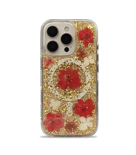 Image of Mag Flower Series Case for iPhone 16 Pro Compatible with Wireless Charging | Real Dried Flower Embedded Design | Slim Transparent Shockproof Back Cover | Red Edition