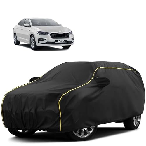 Image of Sulfar 100% Water Resistant Car Body Cover Compatible with Mirror for Skoda Slavia (Triple Stitched, Full Bottom Elastic, Black Tafetta with Yellow Piping)