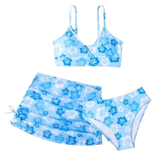 Generisch Bañador para niña con estampado floral, azul, 12-13 años