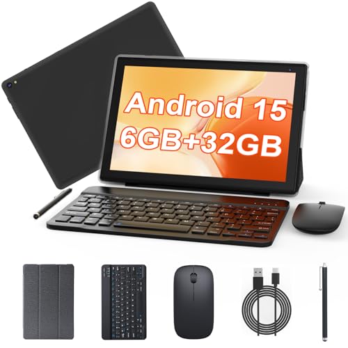 Image of Android 15 Tablet 10 inch, 2 in 1 Tablet with Keyboard. 6GB RAM+32GB ROM Support 1TB Expandable Tablets PC, Quad-Core CPU, HD Screen, BT, WiFi, Long Battery Life Tablets with Case Mouse Stylus, Black