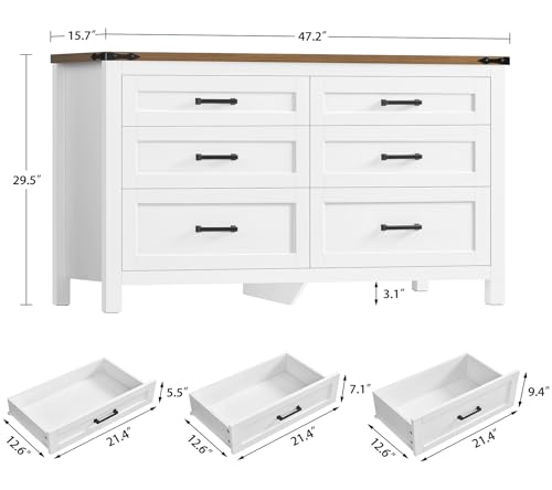 Image of TEENFON 47.2 inch Dresser for Bedroom, White 6 Drawer Dresser with Metal Handles, Wood Dressers & Chests of Drawers for Closet, Farmhouse Dressers for Bedroom, Entryway, White