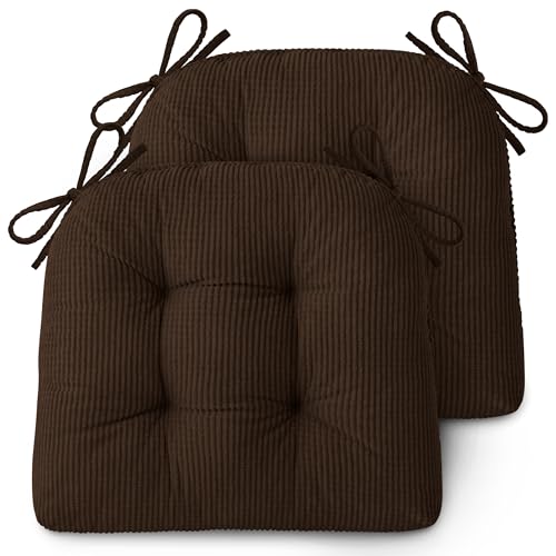 Image of AddGrace Dining Chair Cushions Set of 2 Non-Slip 18 inchx16 inchx3 inch Brown | with Ties, Textured Fabric, for Kithchen, Dining Room, Restaurant, Indoor Furniture, Wood Chairs, Long Meals, Soft, Comfy