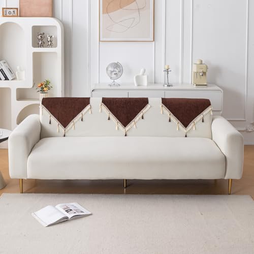 Image of HOKIPO 'Serenity Tassel' Chenille Sofa Back Cover with Tassels - 1 Pc Chestnut Luke (IN-894-BR)