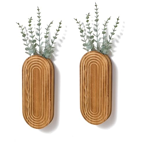 Mokof 2 Pack Carved Wood Wall Planters with Fake Eucalyptus