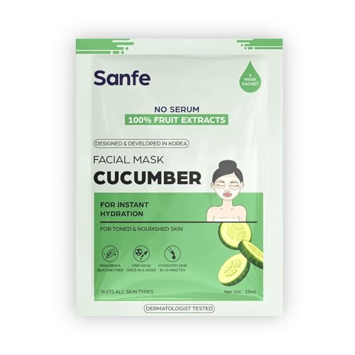 Image of Sanfe Instant Hydration Cucumber Facial Mask | For toned & nourished skin | 100% fruit extracts, Korean Mask | 25gm | Pack of 1