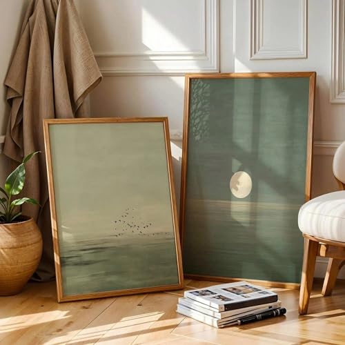 2pcs/set Minimalist Canvas Wall Art, Abstract Landscape Posters with Sage Green Sunset Design, Bedroom Decor, Living Room Decor, Home Decor, Frameless (30x40cm,A)