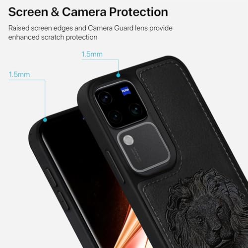 Image of Vaku Luxos️ Lion Embossed Back Cover Case for Vivo V30 5G Premium Leather Stitched Soft Shockproof Protective TPU Phone Case Camera Screen Protector- Black