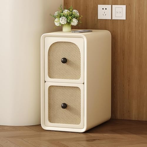 Slim Rattan Nightstand with 2 Drawers - Narrow Bedside Table & Sofa Cabinet for Small Spaces - Stylish Storage Solution for Bedroom & Living Room