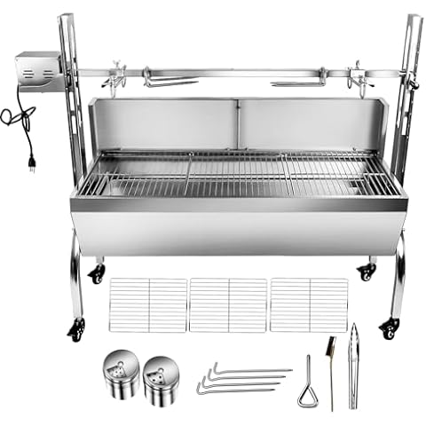 Stainless Steel Rotisserie Grill with Back Cover Guard, Electric 25W Motor Outdoor Cooking Spit Roaster, 48.7 Inch Rated 176 LBS BBQ Roaster, Whole Pig Charcoal Grill Rotisserie Roaster System Cover