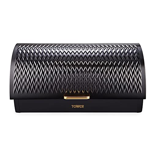 Tower T826090BLK Empire Roll Top Bread Bin, Stainless Steel, Black and Brass, One Size