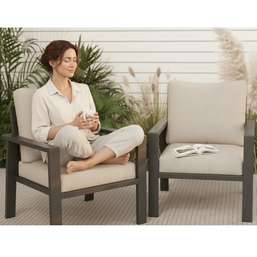 Image of Outdoor Sofa Chair Aluminum Patio Couch Set of 2 All-Weather Patio Sofa Armchair Furniture Set Chairs with Beige Cushions