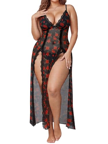 Image of Alrovetoney Plus Size Lingerie For Women Babydoll Sexy Mesh Maxi Nightdress Exotic Sleepwear Side Slits
